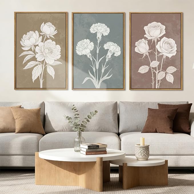 BINCUE Boho Floral Wall Painting Framed Botanical Wall Art Decor Flower Print for Living Room Bedroom Dining Room 16" Lx24 W Set of 3