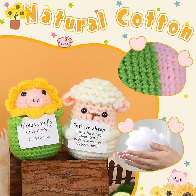 PARTY TONIGHT Cute Positive Crochet Animals Pig Gifts, Emotional Support Handmade Positive Crochet Gifts with Positive Affirmations Cards for Cheer Up Novelty Mini Funny Sunflower Pig Decor