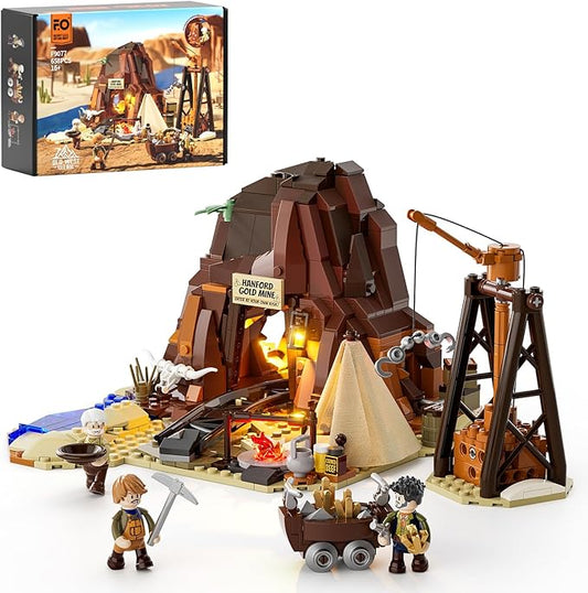 FUNWHOLE Wild West Gold Mine Lighting Building-Bricks Set - Western Prospector’s Dig Entrance 658 Pcs Mining Playset for Adults and West Lovers