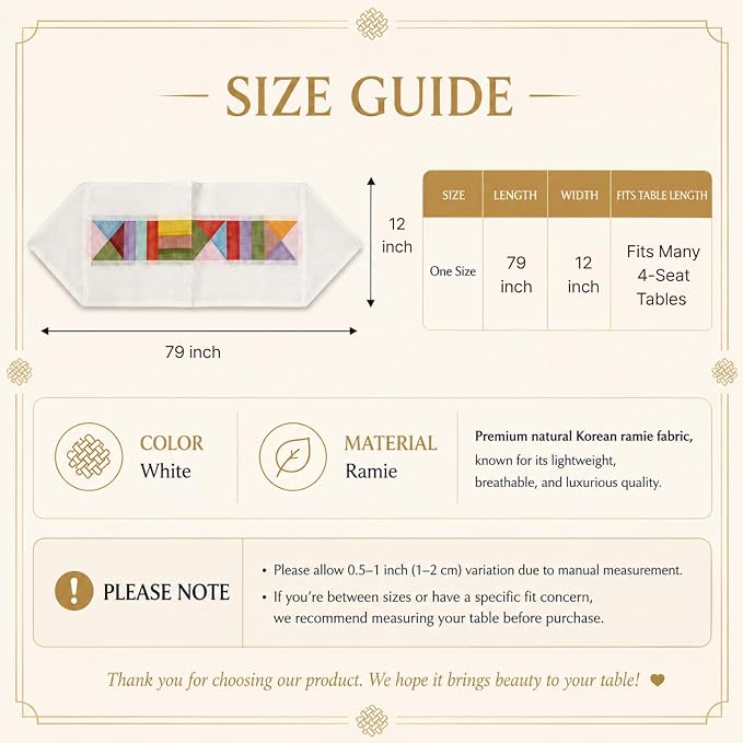 Korean Bojagi Table Runner, Ramie Patchwork Dining Decor, White, 79 x 12 in | Ramie Korean Table Runner with Bojagi Patchwork for 4-Seat Dining Tables