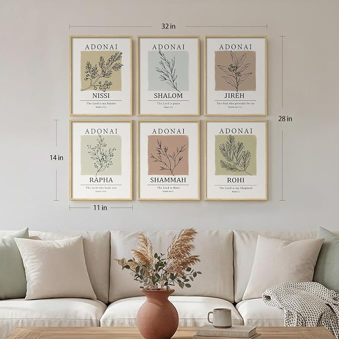 Framed Christian Bible Verse Neutral Wall Art, Minimalist Scripture Religious Canvas Prints, Faith Names of God Boho Botanical Leaf Artwork for Bedroom Living Room Office Hallway Wall Decor, 11x14 In