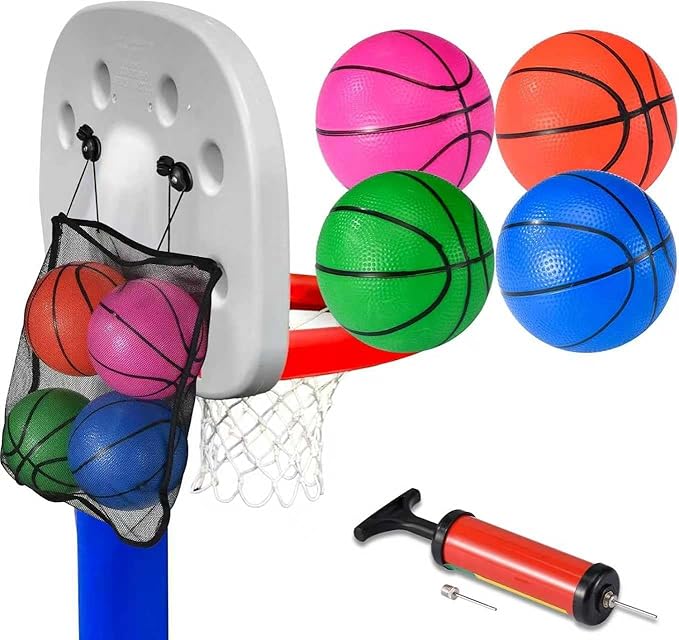 4 Pcs Replacement Balls for L-ittle Tikes Basketball Hoop Set with Mesh Storage Bag, Lightweight Soft Small Basketball，6 Inches Colorful Small Balls, Includes Air Pump