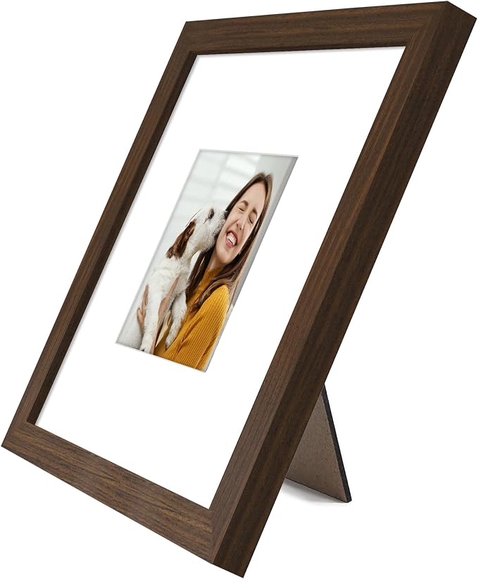 Americanflat 8x8 Picture Frame - Matted to 4x4 - Engineered Wood - Walnut | Shatter-resistant glass, wall or tabletop display with included easel, sawtooth hangers included