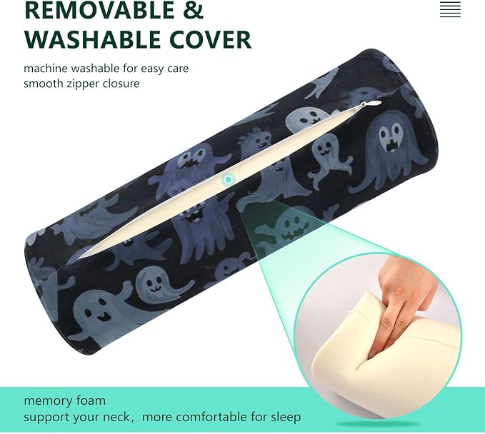 Ghost Black Blue White Neck Roll Pillow Bolster Round Health Memory Foam Long Cervical Cylinder Pillows with Removable Washable Cover for Body Bed Legs Back Yoga