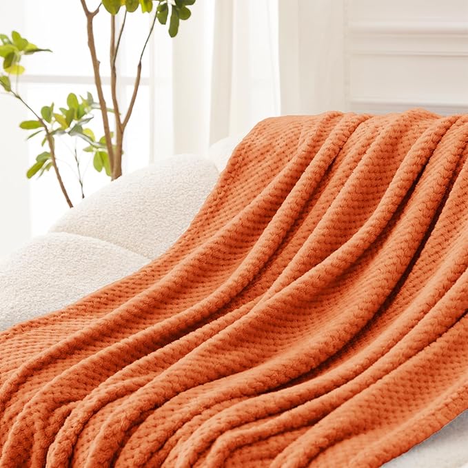 Exclusivo Mezcla Soft Waffle Fleece Bed Blanket King Size, Burnt Orange | Lightweight Plush Blanket for Bed, Bedroom, Cozy Flannel with Waffle Texture, Stylish Home Decor, All Season, 104x90 Inches
