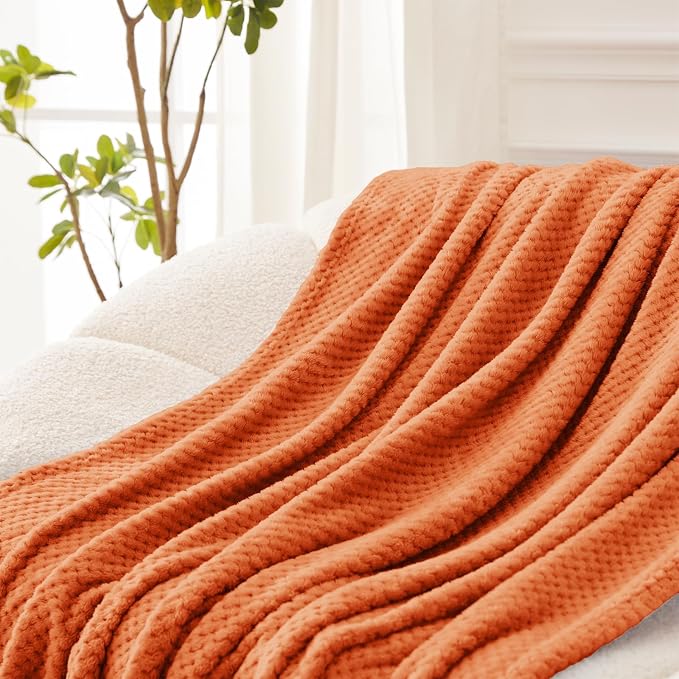 Exclusivo Mezcla Soft Waffle Fleece Bed Blanket Twin Size, Burnt Orange | Lightweight Plush Blanket for Bed, Couch, Sofa, Cozy Fluffy Design for Bedroom, Guest Room, All Season, 60x80 Inches