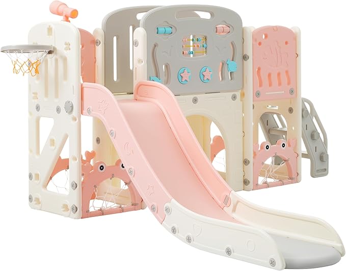 11in 1 Toddler Slide, Kid Slide for Toddlers Age 1-3 with Telescope, Basketball Hoop, and Telescope, Indoor Outdoor Playset Playground Pink Bei'ge