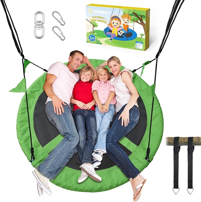 PACEARTH 60” Tree Swing for Kids & Adults Outdoor Saucer Swing 60-Inch Diameter 900D Oxford Fabric Splash and UV Resistant Heavy Duty 900LBS Weight Capacity with Tree Straps and 360° Swivel, Green