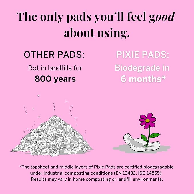 Pixie Organic Pads Ultra Thin Mini Cotton for Teens - Liners with Wings - Light Absorbency Menstrual Pads - Hypoallergenic, Unscented & Biodegradable for Feminine Care - FSA Eligible - 16 Count