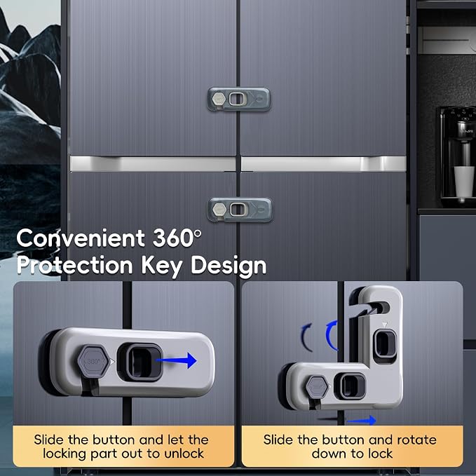 2-Pack Fridge Locks, Child Proof Refrigerator/Freezer Door Lock, Child Safety Cabinet Lock with Adhesive Pads -Freezer Latch to Keep Door Closed for Latches,Drawer,Closets,Oven (Clear-Blue)