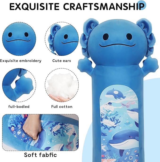 36 inch Long Axolotl Plush Body Pillow, Giant Cute Blue Ocean Axolotl Stuffed Animals, Big Salamander Squishy Soft Plushies Toy, Gifts for Kids Girls and Boys, Birthdays ﻿Easter
