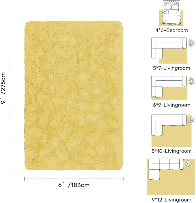 6x9 Yellow Rug for Living Room Shag Area Rugs Fluffy Bedroom Plush Carpet Non Slip for Nursery Kids PlayRoom Home Decor Aesthetic