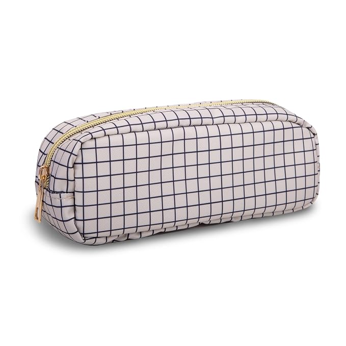 Small Pencil Case Makeup Bag for Purse, Cute Pencil Pouch Nylon Preppy Checkered Makeup Brush Bag with Zipper, Girls Portable Stationery Storage Case Small Pen Bag for Office School(Slim-Checkered)