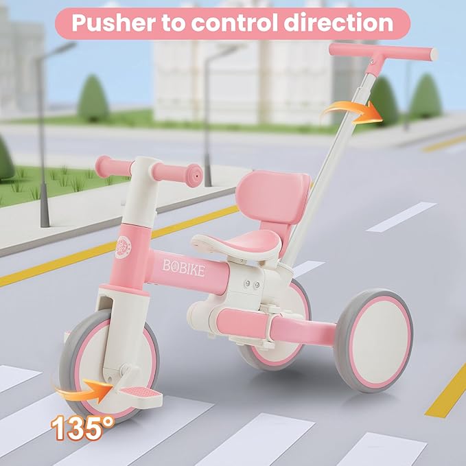 Bobike 5-in-1 Tricycle for Toddlers 18 Months to 5 Years Old, Toddler Bike, Kids Tricycle with Push Handle and Backrest, Toddler Balance Bike with Easy Assembly for Boys and Girls.(Pink)