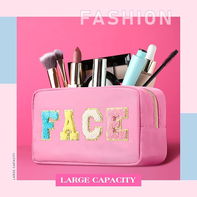 Preppy Makeup Bags Chenille Letter Stuff Bag Nylon Cosmetic Pouch Cases with Zipper for Women Travel Toiletry(Cute Color,Vivid,4 Pcs)