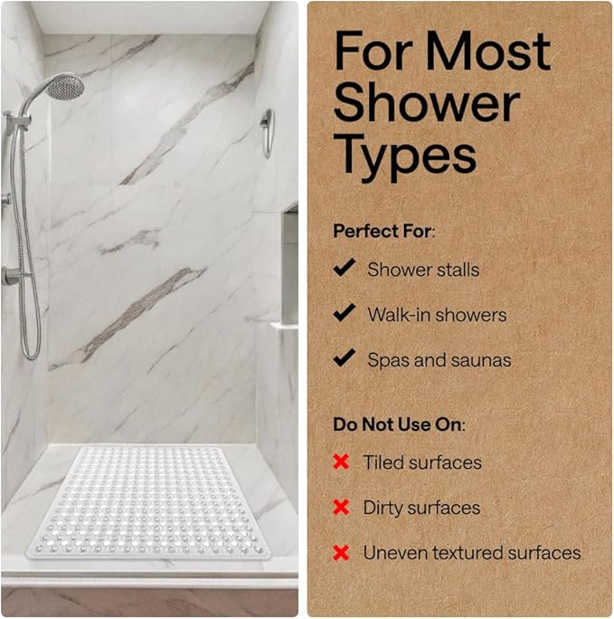 GORILLA GRIP Patented Square Shower Stall Mat, Small Bathtub Floor Mats for Stand Up Showers with Suction Cups and Drainage Holes, Machine Wash, Soft on Feet, Bathroom Accessories 21x21 Inch, Clear