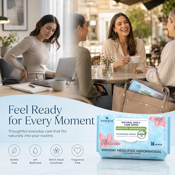 Flushable Hemorrhoid Wipes | Medicated Witch Hazel Wipes Ph Balanced | 180 Count Natural Fragrance Free Adult Hemorrhoids Witch Hazel Wipe for Butt Itch