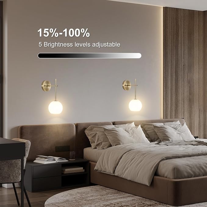 Brass Battery Operated Wall Sconces Set of 2, Rechargeable Wireless Wall Lights with Milky White Frosted Glass, 12 RGB and 3CCT Dimmable, Wall Lamps with Remote for Bedroom Living Room Hallway