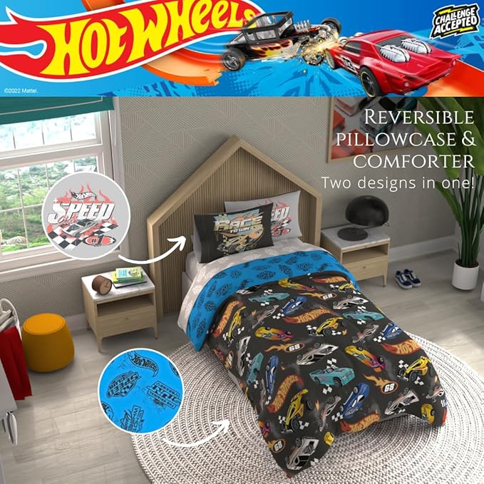 Hot Wheels Kids Bedding Super Soft Comforter and Sheet Set with Sham, 5 Piece Twin Size, (Officially Licensed Product) By Franco