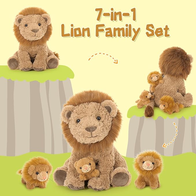 Tezituor 4 Piece Lion Plush Set 17.7 Inch Large Lion Stuffed Animals, Back Zipper Unzip Inside 3 Cute Little Lions, Soft Cuddle Lion Plush Boys Girls Birthday Gift Forest Party Decoration