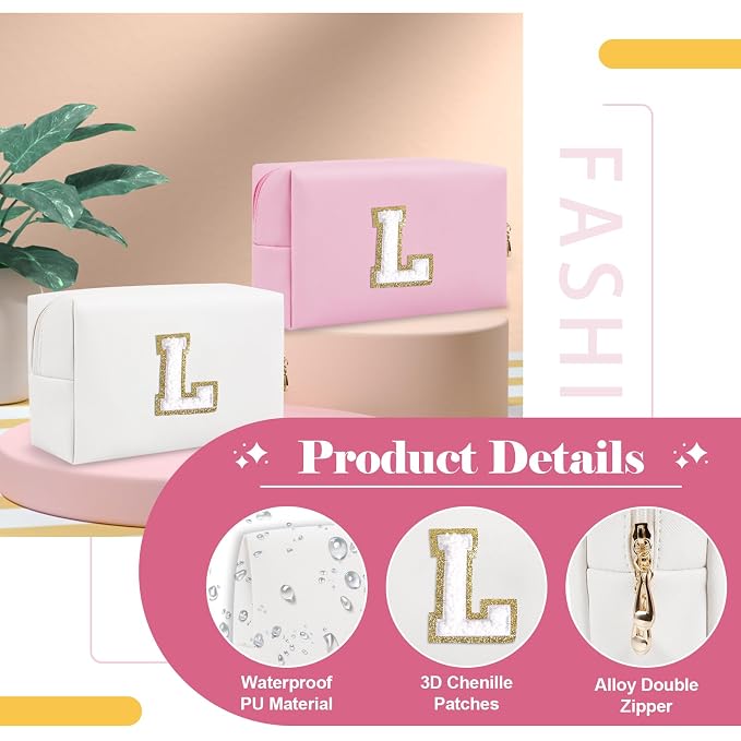 Small Personalized Initial A-Z Preppy Patch Makeup Bag,White PU Chenille Letter Travel Cosmetic Pouch with Zipper,Cute Toiletry Bag,Gift Ideal for Teen Girls Women Teacher Bridesmaid,Letter L