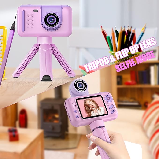 Kids Camera with Flip-up Lens for Selfie & Video, HD Digital Camera with 32GB SD Card, Ideal for 3-8 Years Old Girls Boys on Birthday Christmas Party as Gift