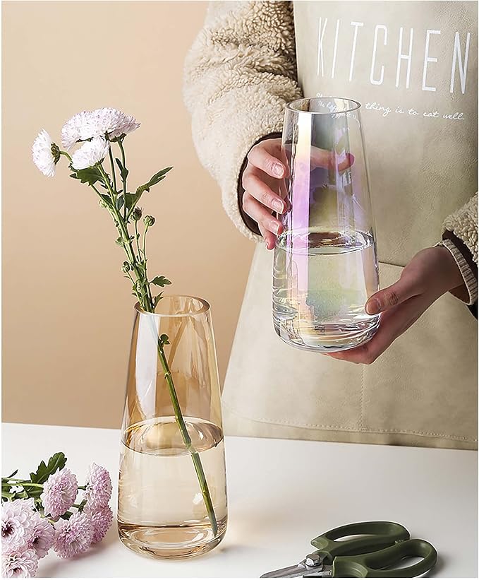 FANTESTICRYAN Modern Glass Vase, 8.7''H Decor Flower Vases, Crystal Amber | Crystal Colored Vase Fresh/Faux Floral Vases, For Home Office Table Centerpiece Decor Housewarming Wedding Gift for Lover