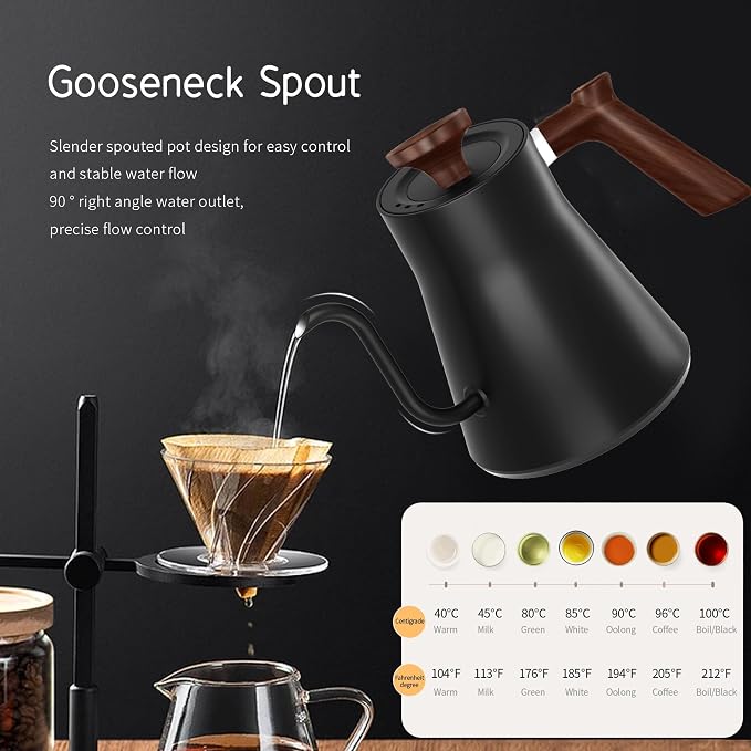 RHD Gooseneck Electric Kettle with Temperature Control LCD Display, 0.9L/900ml Pour Over Coffee & Tea Kettle, 1200W Fast Boil, Keep Warm, 304 Stainless Steel, Black