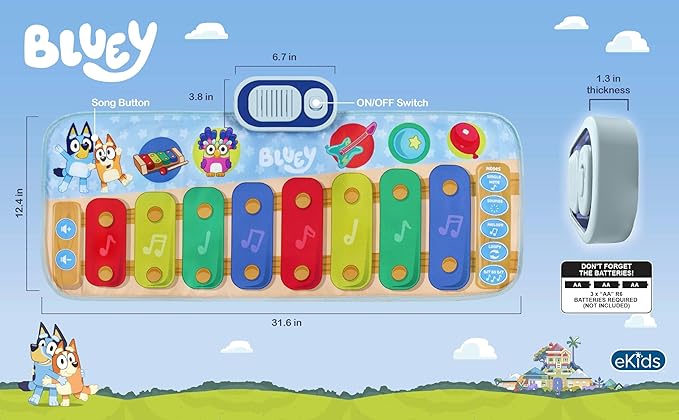eKids Bluey Toy Piano Play Mat with Music and Sound Effects, Toddler Toy for Ages 3 and Up