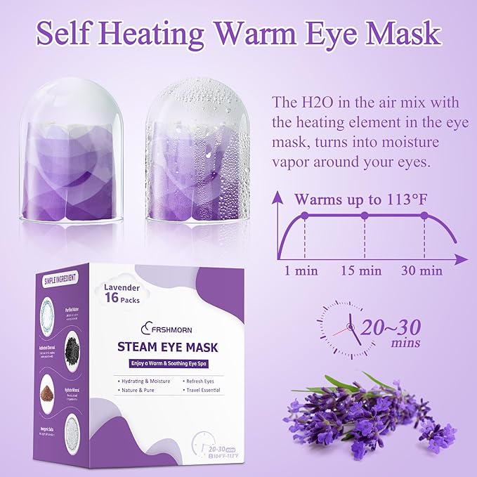 16Packs Steam Eye Mask, Heated Eye Mask for Sleeping, Warm Compress for Eyes, Self Heating Disposal Steam Mask for Home Sleep, Office, Spa, Travel Essentials Mothers Day Gifts (Lavender)