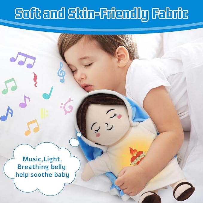 Breathing Plush Virgin Mary Doll Soothing Guardian Angel with Light & Sound,Baptism plushie Toy Gifts for Kids for Christening Religious Easter