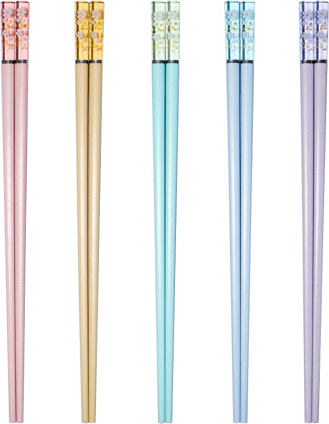 5 Pairs Amber Cherry Blossom Pattern Decoration Multicolor Fiberglass Chopsticks Japanese Korean Chopsticks Reusable Dishwasher Safe Yellow Pink Blue Green Purple