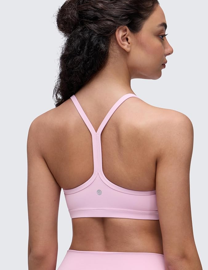 CRZ YOGA Butterluxe Ruched Sports Bras for Women - V Neck Spaghetti Thin Strap Y Back Wireless Padded Yoga Crop Top