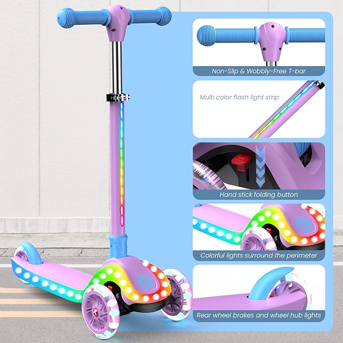 2-in-1 Adjustable Kick Scooter for Kids 3-5 (Suitable 3-12 Years),5-Level Handlebar & Removable Seat, LED Light-Up Wheels, Wide Deck, Foldable Design for Indoor/Outdoor Use - Girls & Boys