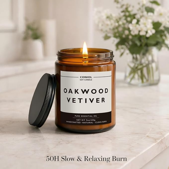 Oakwood Vetiver Scented Candles for Home, Natural Soy Wax Candle with Essential Oils, 9oz Amber Jar Aromatherapy Candel, 50H Long & Non-Toxic Burning, Hand Poured, Giftable, Relaxation