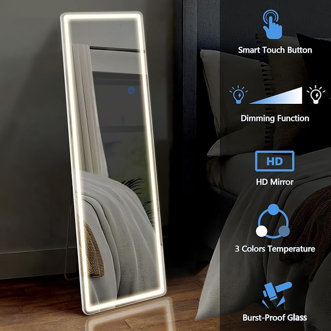 OLIXIS LED Full Length Mirror with Lights, Full Body 21"x64" | Standing Lighted Floor, 3 Color Lighting, Wall Mounted Bedroom Bathroom Entryway, Tempered Glass