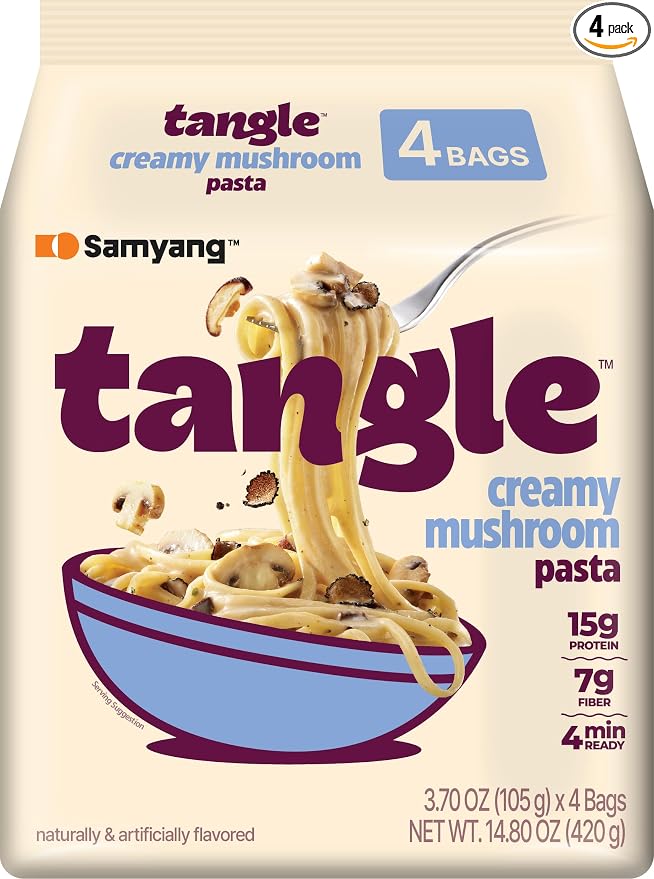 Tangle Creamy Mushroom Instant Pasta, 15g Protein Linguine, 7g Fiber 4-Pack | 15g protein, 7g fiber per serving; Chickpea-based air-dried noodle; Truffle and shiitake cream, non-spicy; Ready in 4 min