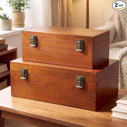 Sliner 2 Pcs Wooden Decorative Storage Boxes with Lids Vintage Wood Organizer Bins for Your Bookshelf Home Decor Safely Store Photos Documents Memory Jewelry Craft Storage (Warm Brown,S M Size)