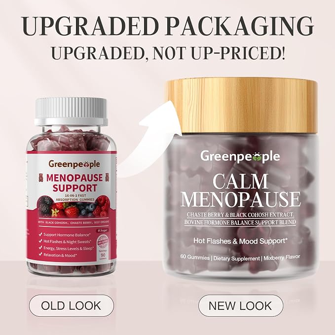 GREENPEOPLE Menopause Supplements for Women Gummies - 16-in-1 Dual Action Menopause Relief W/Black Cohosh, Vitex, Beef Organs for Hormone Balance, Hot Flashes, Night Sweats & Mood, 60 CT (2 Packs)