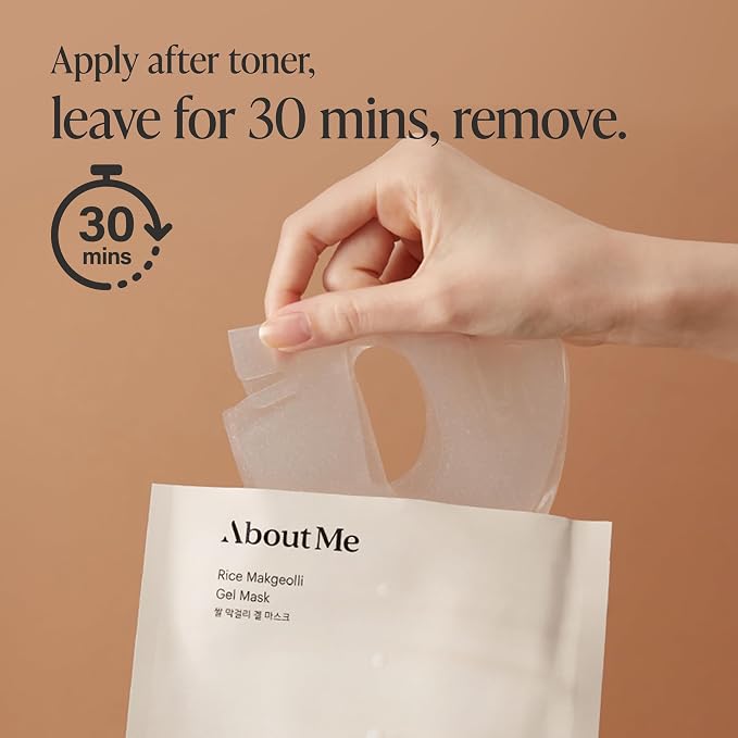 About Me Korean Rice Hydrogel Face Mask, Real Rice + Makgeolli, 5 Sheets | 13,000 ppm rice powder + galactomyces + niacinamide; non-drip 30-minute jelly fit; vegan, fragrance-free; glass-skin glow