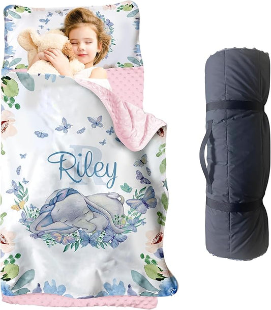 Personalized Toddler Nap Mat for Girls – Custom Name Kids Nap Mat – Daycare Sleeping Mats with Removable Pillow and Soft Minky Dot Blanket for Preschool, Travel, Kindergarten