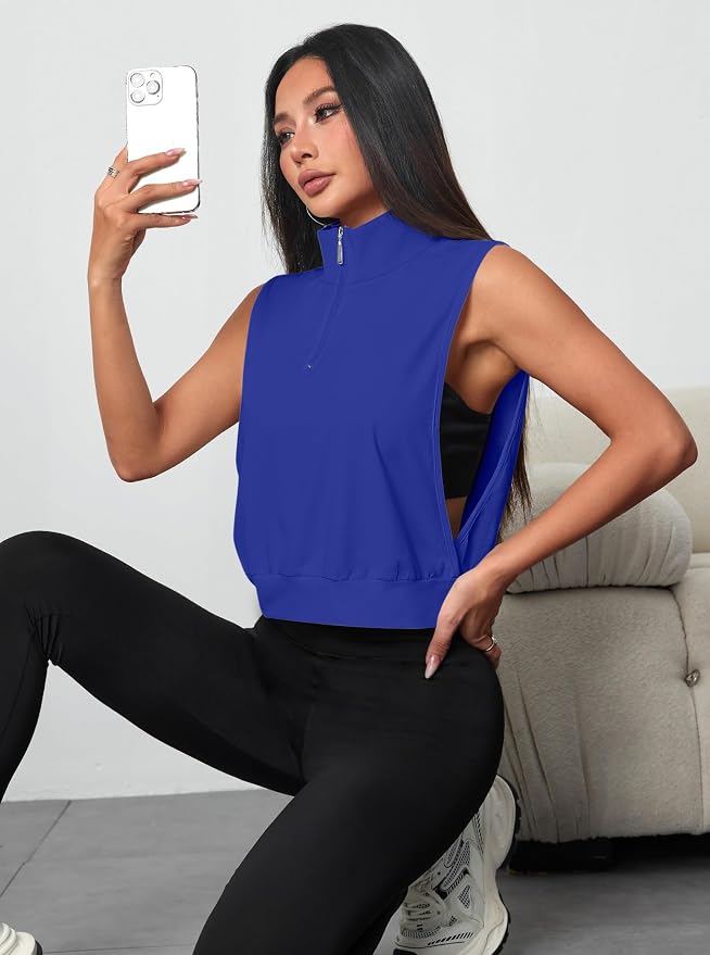 Avanova Women Sleeveless Golf Shirt 1/4 Zip Workout Tank Top | Open Side, Polo Collared, V Neck, Cropped Length, Golf Tops, Athletic, Relaxed Fit, Stretchy, Lightweight