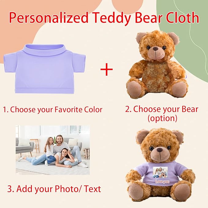 Personalized Teddy Bear Clothes with Photo Text, Custom Stuffed Animal Clothing Fit 8-16inch Stuffed Bear Clothes, Personalized Doll Clothing Make Your Own Plush Doll Shirt