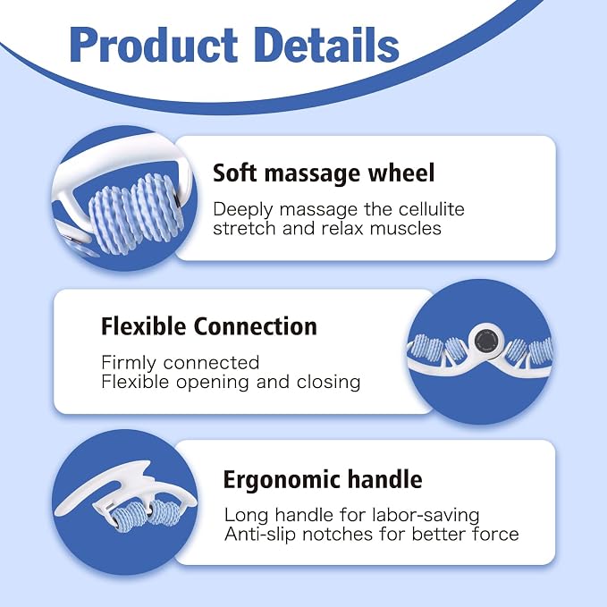 Cellulite Massage Tool Lymphatic Drainage Massager for Thighs & Legs & Buttocks, Anti Cellulite Roller with Detachable Handles Fascia Massage Tool for Contoured & Smoother Skin, White-Blue