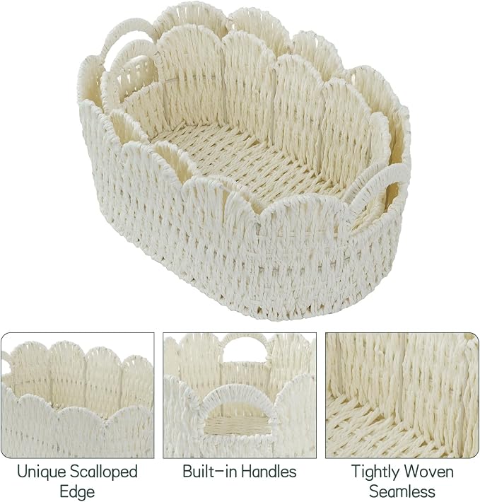 Coeusy Paper Rope Scalloped Basket Set of 2,Hand-woven Storage Baskets for Shelves,Nursery,Books,Toys,Cute Boho Decor Baskets for Organizing,White