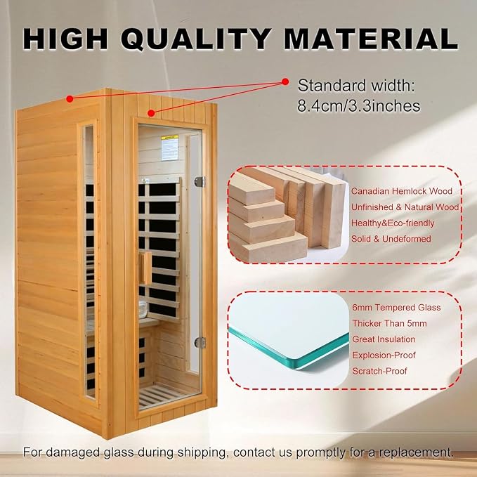 Kanlanth 1 Person Sauna, Low EMF Infrared Saunas for Home, 1,300Watt, Side Glass Window Indoor Sauna with Rapid Heating 5 Carbon Panels, LED Reading Lamp, Bluetooth, Control