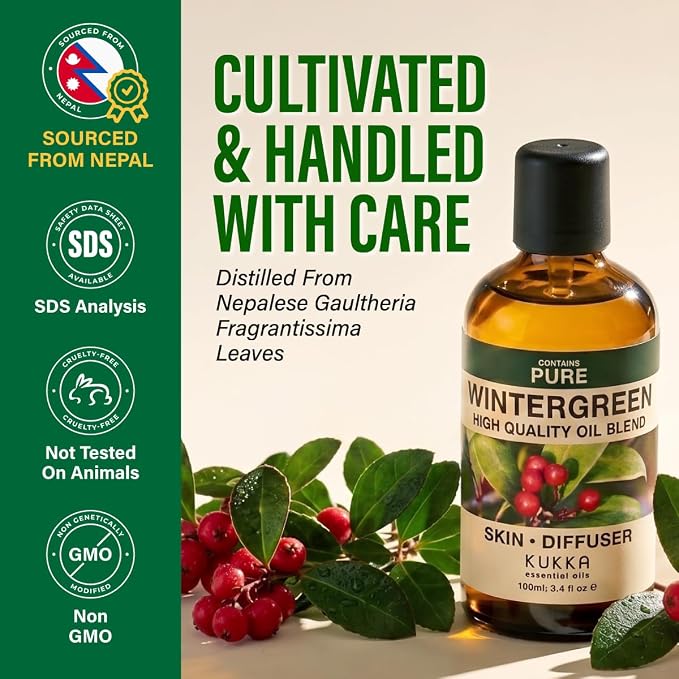 100% Pure Wintergreen Oil - 3.40 Fl Oz Wintergreen Essential Oil for Hair, Skin, Diffuser, Aromatherapy & DIY Soap Making Scent