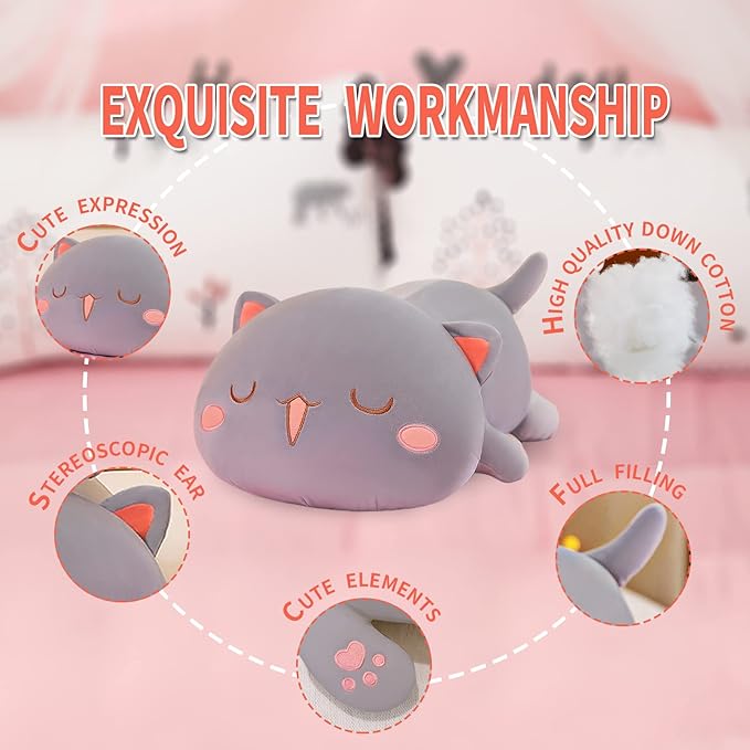 FUYU Cat Stuffed Animals, Soft Cat Plush Pillow Kawaii Kitten Stuffed Animal Toy Gifts for Kids Boys Girls Room Decor (Gray Squinted,19in/50cm)