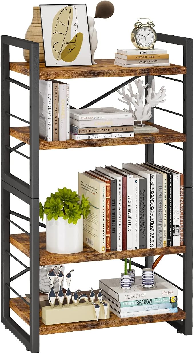 Homeiju Bookshelf, Dorm Desk Hutch, Desk Shelf Organizer, 4 Tier Stackable Bookcase, Adjustable Industrial Book Shelf Storage Organizer for Desktop, Living Room, Bedroom, Office,Rustic Black and Brown