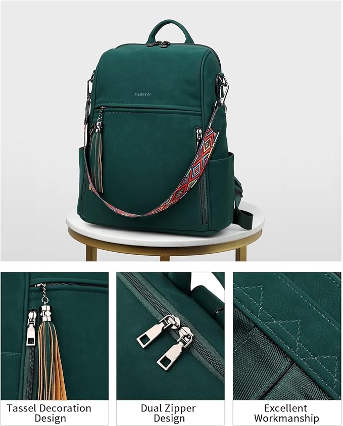 FADEON Leather Backpack Purse for Women Designer Travel Backpack Purses PU Fashion Ladies Shoulder Bag with Tassel